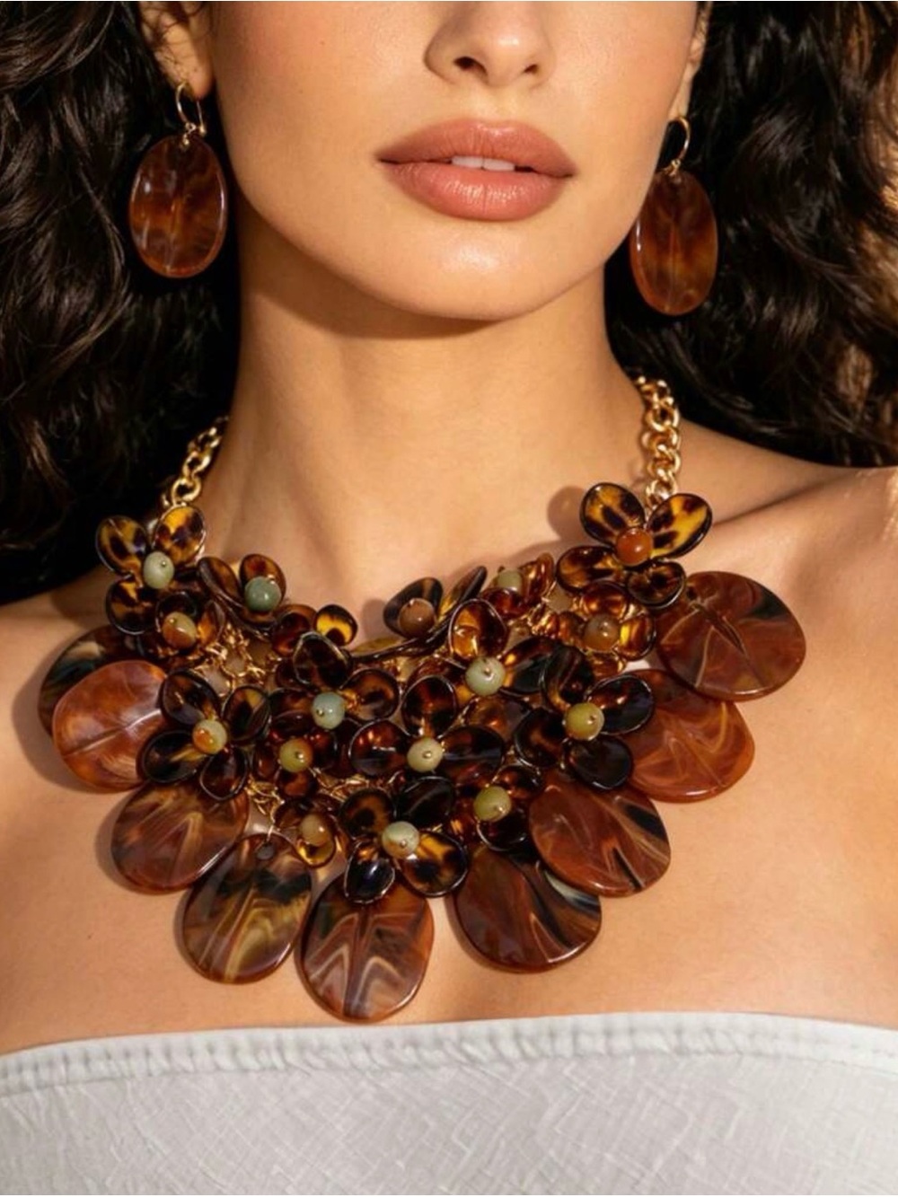 Statement Brown Floral Resin Necklace and Earring Set